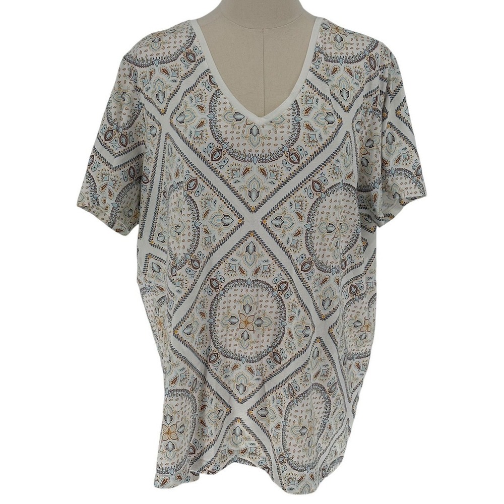 Lands' End T-Shirt White Medallion Paisley 100% Cotton XL